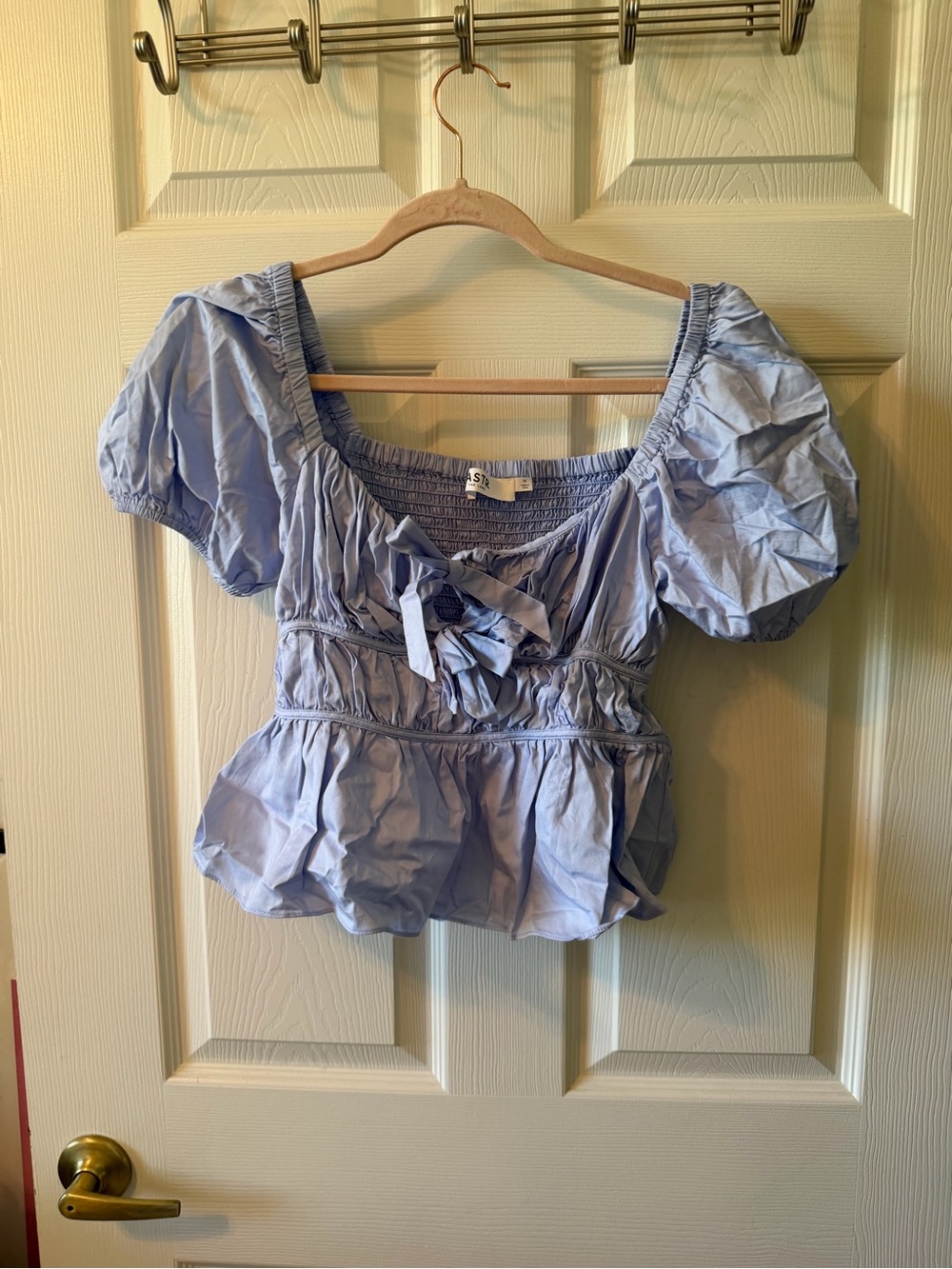 Astr Light Blue Puff Sleeve Peplum Blouse with Front Tie